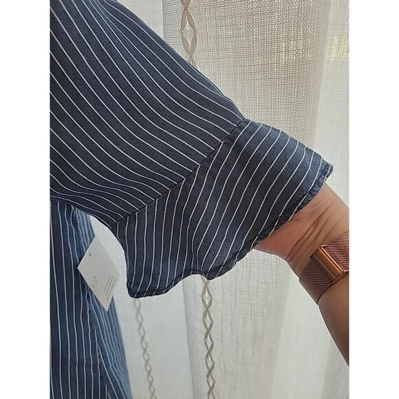 Chambray Striped Blouse Raglan Hem Ruffle Sleeve Small‎ - Picture 3 of 7
